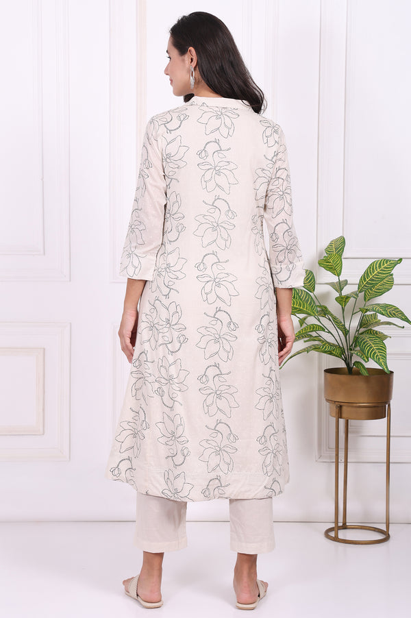 Off-White Floral Printed Pure Cotton Straight Kurta with Pants Set