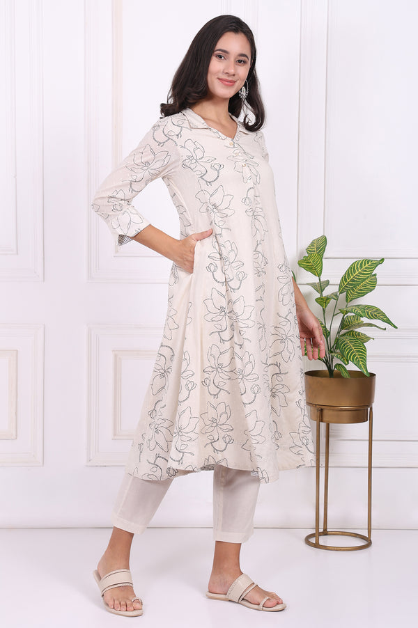 Off-White Floral Printed Pure Cotton Straight Kurta with Pants Set