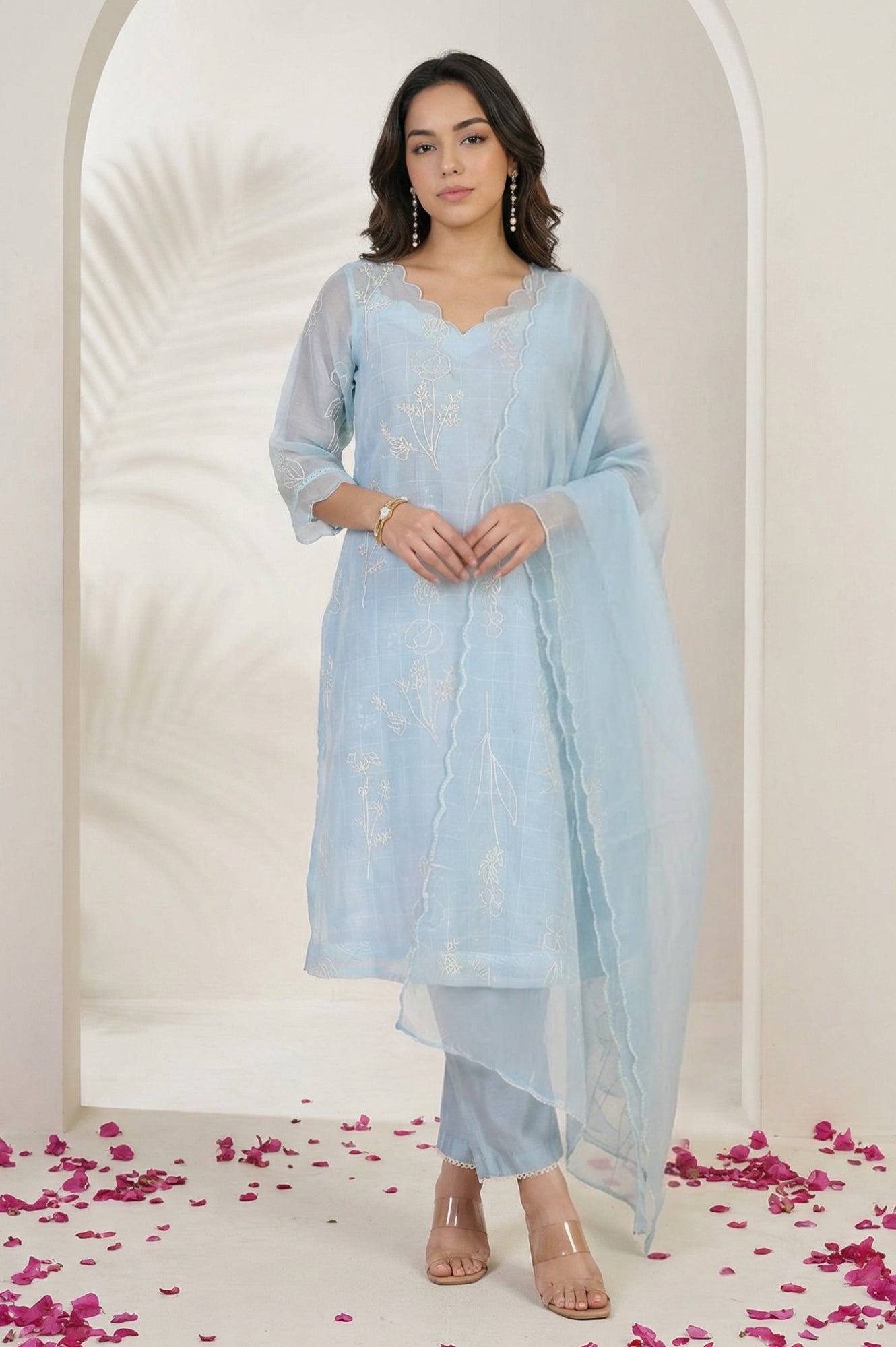 Blue Thread Embroidered Organza Straight Kurta with Pants and Dupatta Set