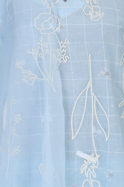 Blue Thread Embroidered Organza Straight Kurta with Pants and Dupatta Set