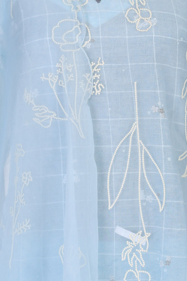 Blue Thread Embroidered Organza Straight Kurta with Pants and Dupatta Set