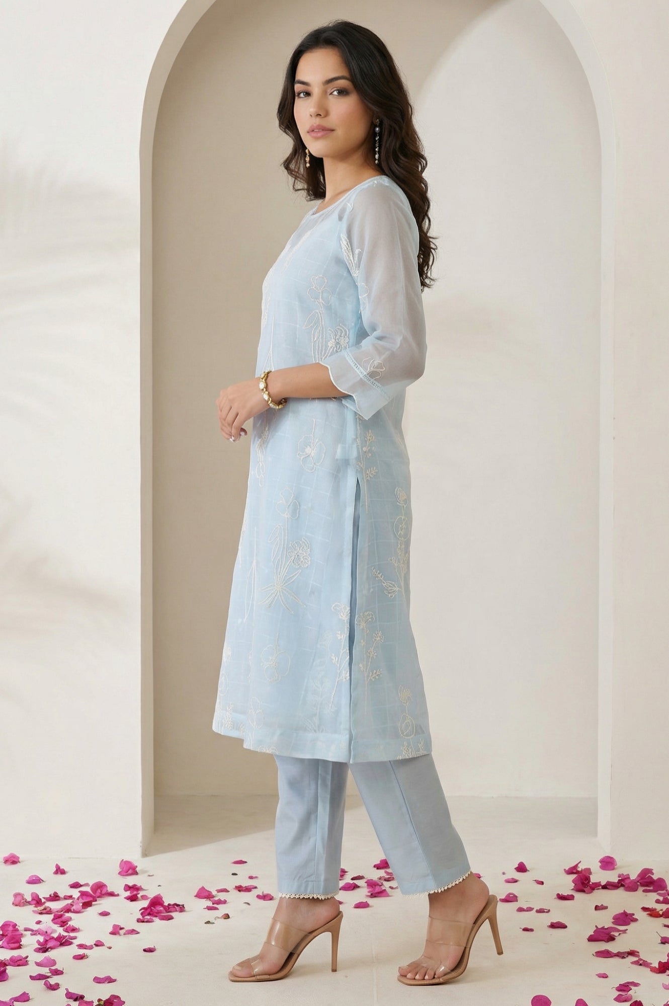 Blue Thread Embroidered Organza Straight Kurta with Pants and Dupatta Set
