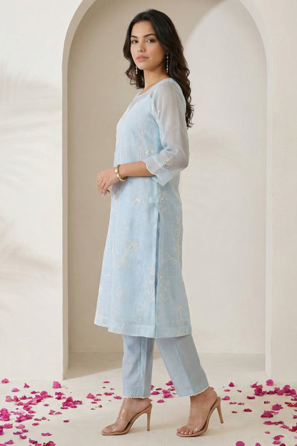 Blue Thread Embroidered Organza Straight Kurta with Pants and Dupatta Set