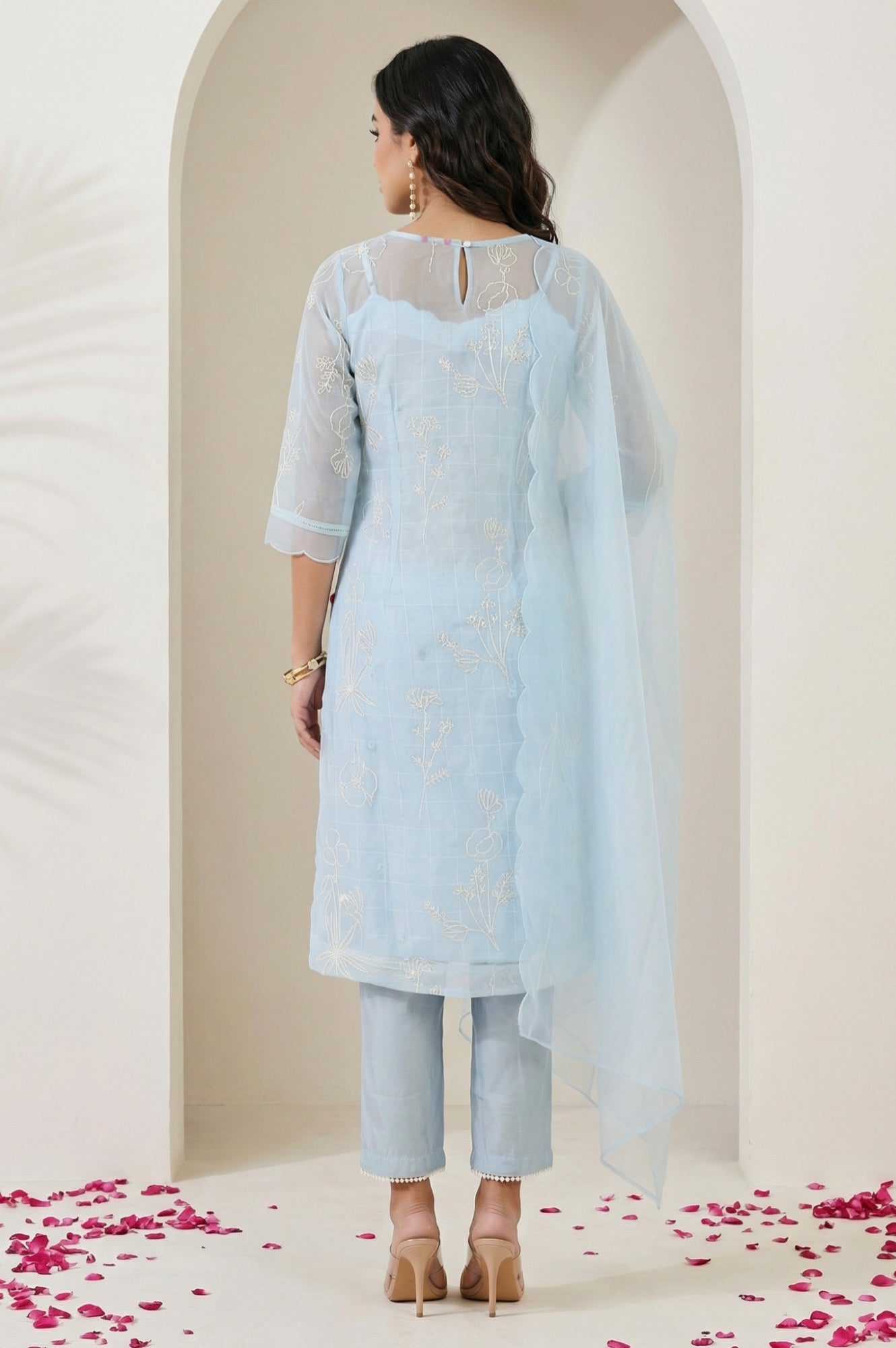 Blue Thread Embroidered Organza Straight Kurta with Pants and Dupatta Set