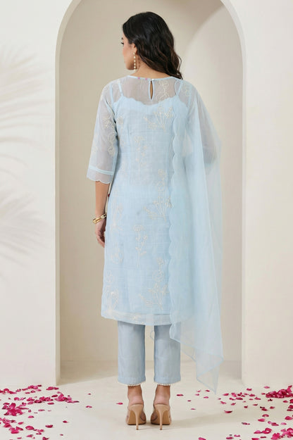 Blue Thread Embroidered Organza Straight Kurta with Pants and Dupatta Set