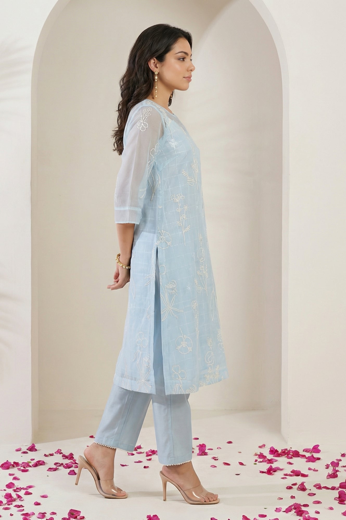 Blue Thread Embroidered Organza Straight Kurta with Pants and Dupatta Set