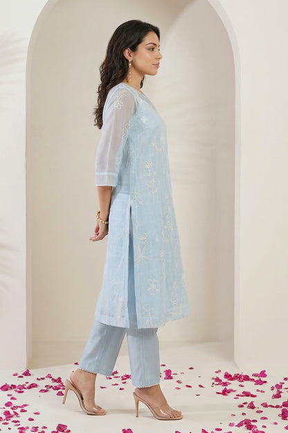 Blue Thread Embroidered Organza Straight Kurta with Pants and Dupatta Set