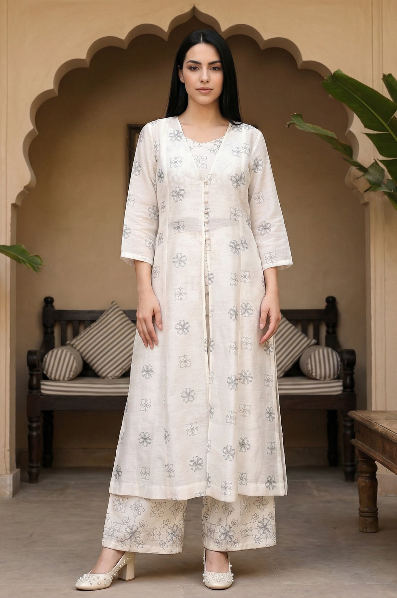 Off White Floral Printed Buttons Straight Top with Pants and Jacket Set