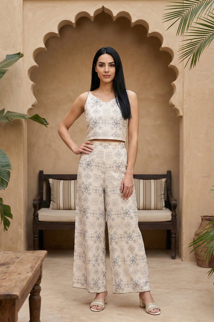 Off White Floral Printed Buttons Straight Top with Pants and Jacket Set