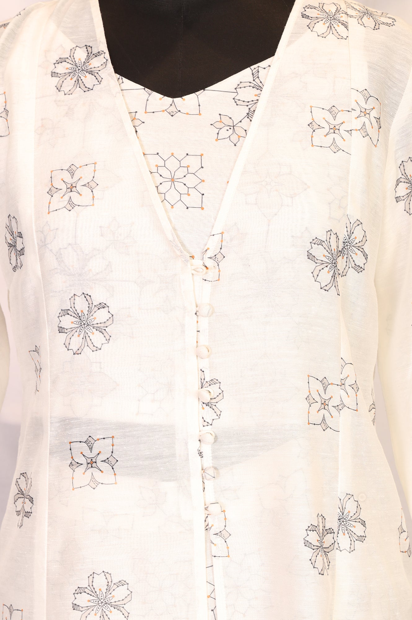 Off White Floral Printed Buttons Straight Top with Pants and Jacket Set