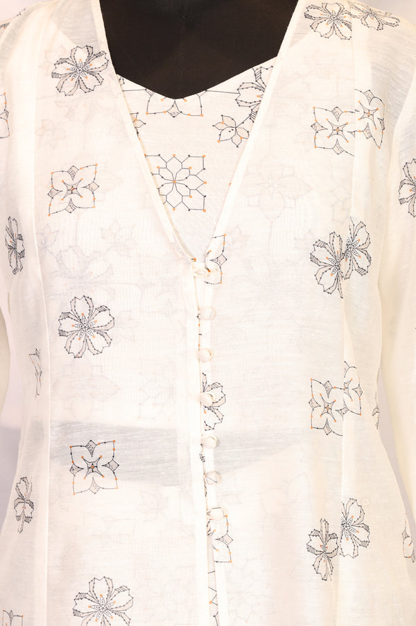 Off White Floral Printed Buttons Straight Top with Pants and Jacket Set