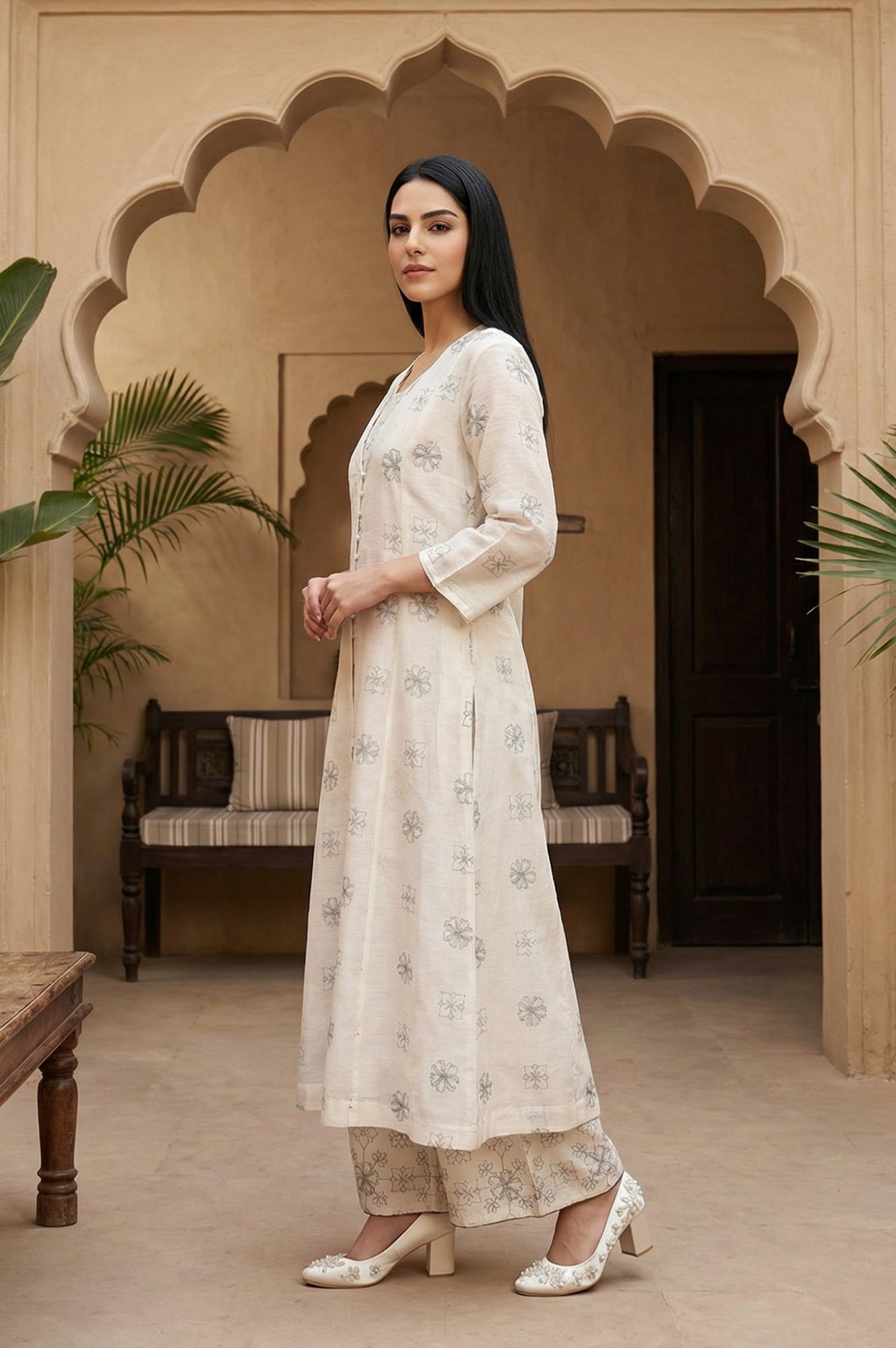 Off White Floral Printed Buttons Straight Top with Pants and Jacket Set