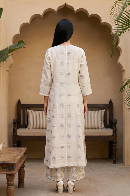 Off White Floral Printed Buttons Straight Top with Pants and Jacket Set