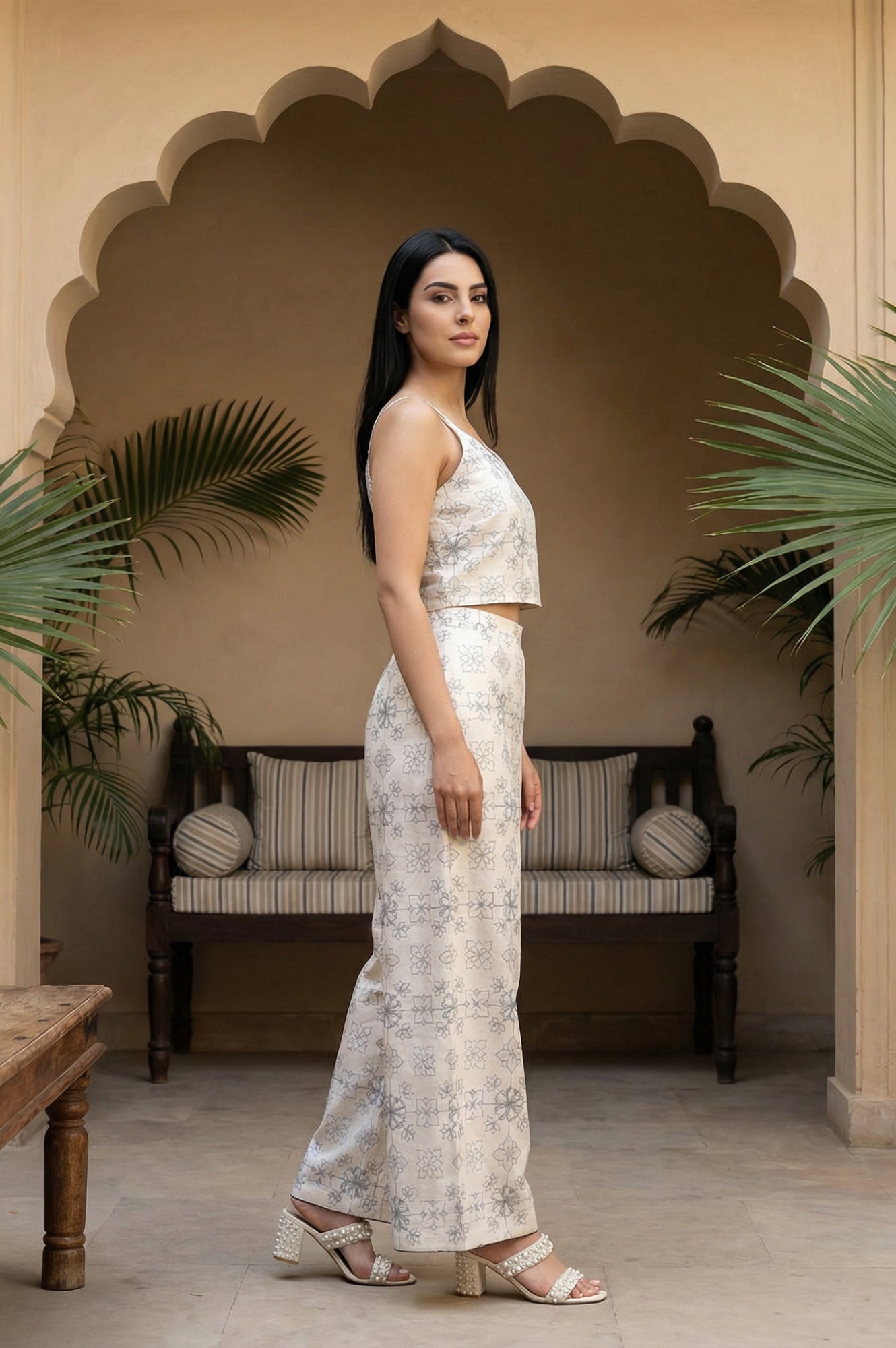 Off White Floral Printed Buttons Straight Top with Pants and Jacket Set