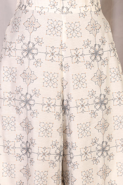 Off White Floral Printed Buttons Straight Top with Pants and Jacket Set