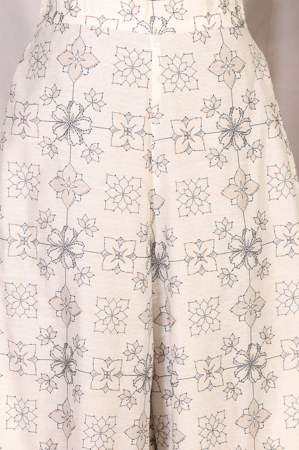 Off White Floral Printed Buttons Straight Top with Pants and Jacket Set