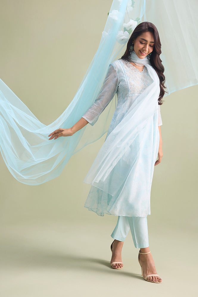 Light Blue Floral Embroidered Organza A-line Kurta with Straight Pants and Dupatta Set
