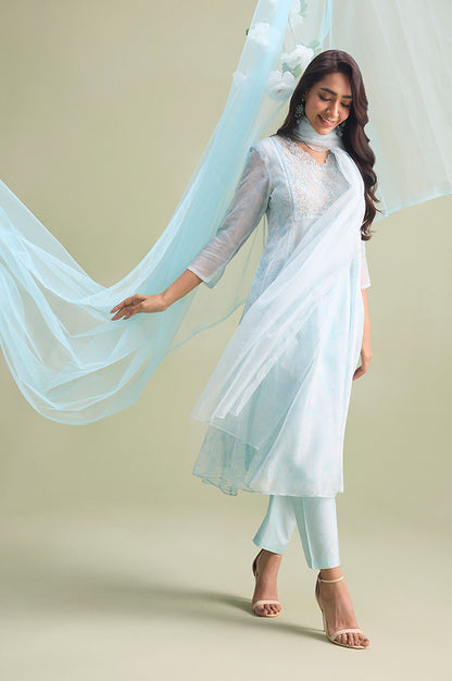 Light Blue Floral Embroidered Organza A-line Kurta with Straight Pants and Dupatta Set