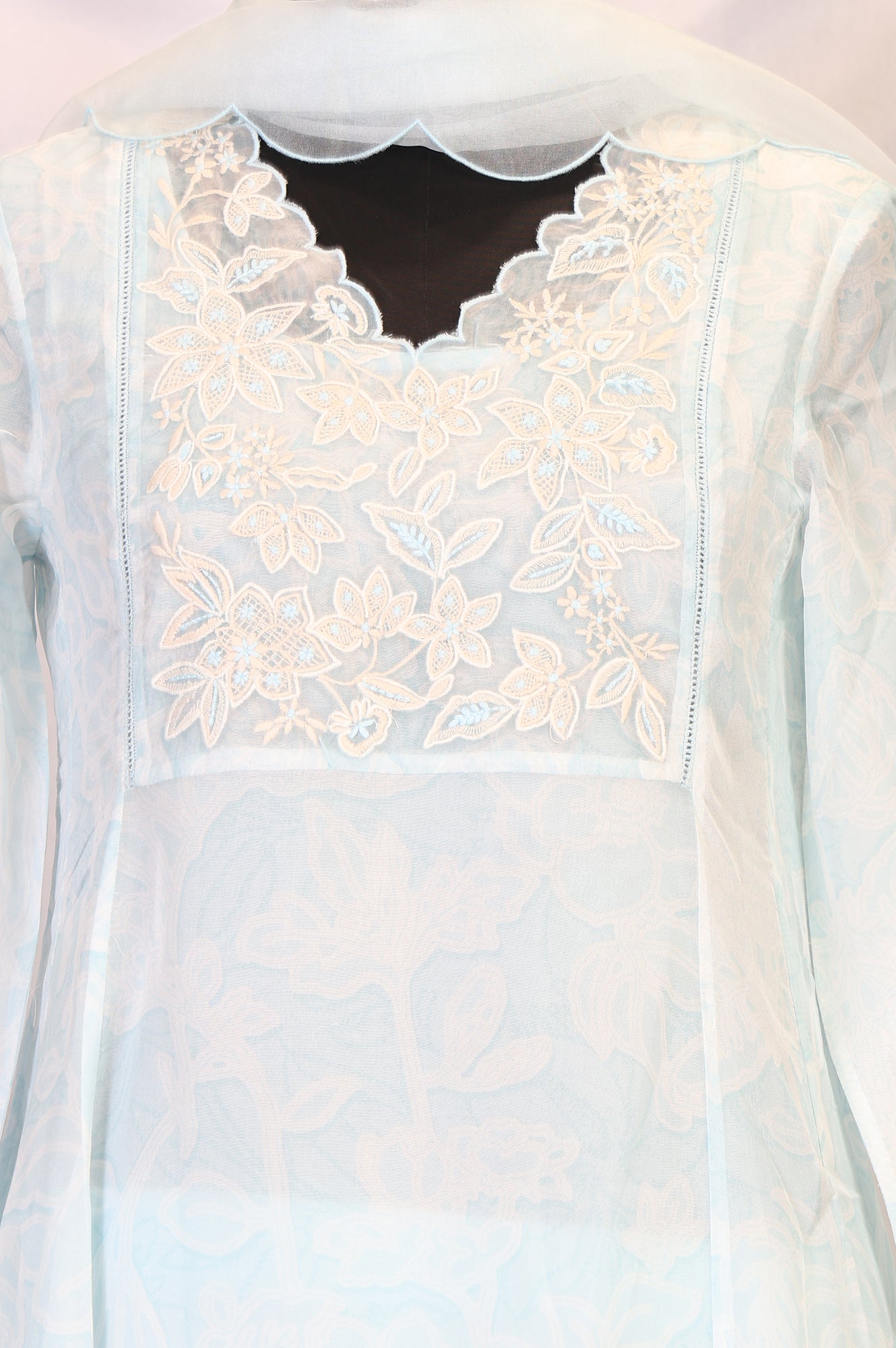 Light Blue Floral Embroidered Organza A-line Kurta with Straight Pants and Dupatta Set