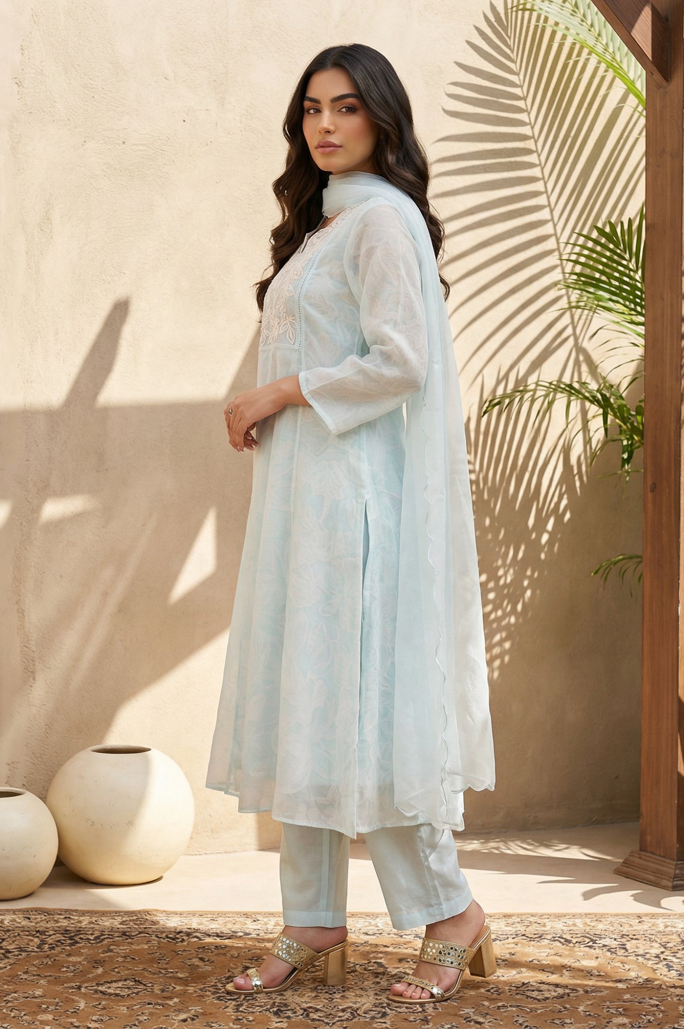 Light Blue Floral Embroidered Organza A-line Kurta with Straight Pants and Dupatta Set