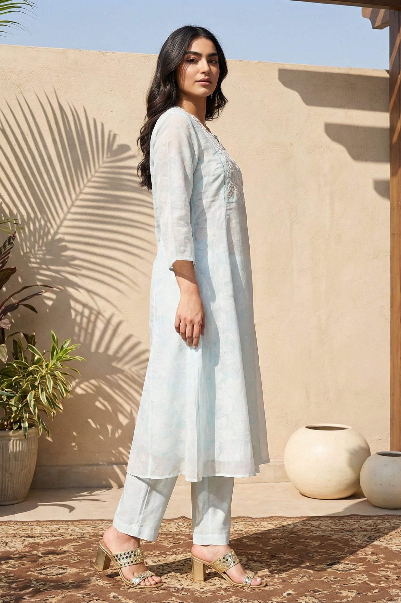Light Blue Floral Embroidered Organza A-line Kurta with Straight Pants and Dupatta Set