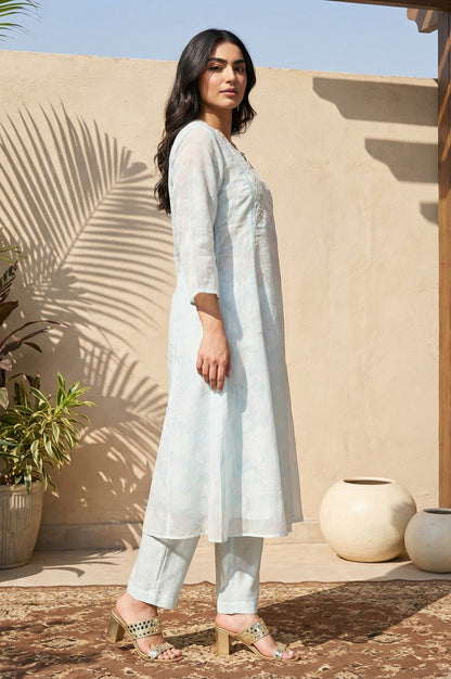 Light Blue Floral Embroidered Organza A-line Kurta with Straight Pants and Dupatta Set