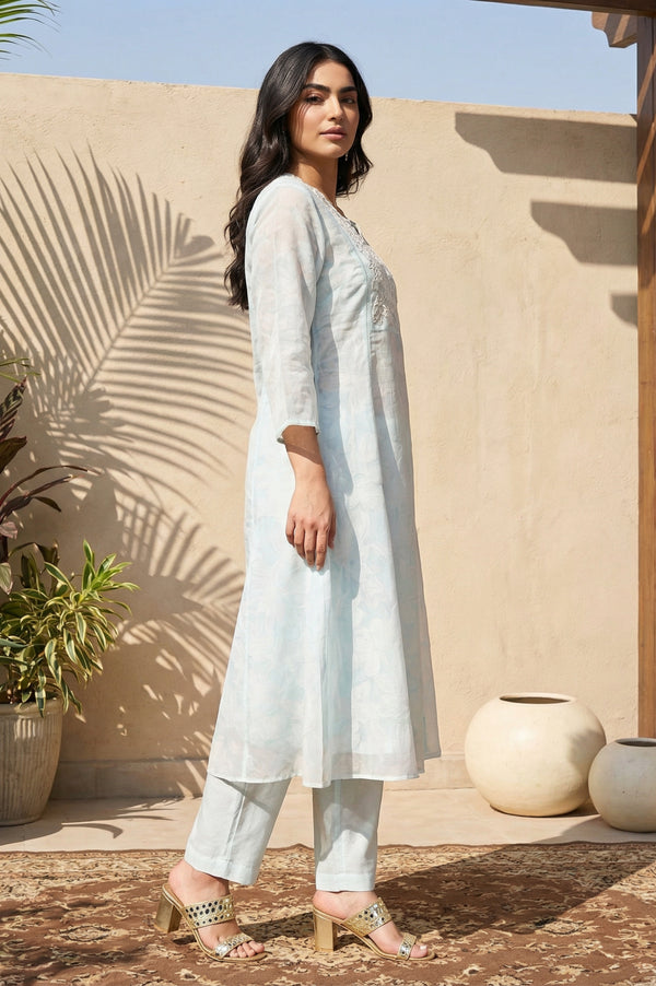 Light Blue Floral Embroidered Organza A-line Kurta with Straight Pants and Dupatta Set