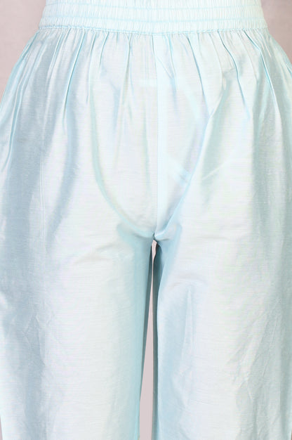 Light Blue Floral Embroidered Organza A-line Kurta with Straight Pants and Dupatta Set