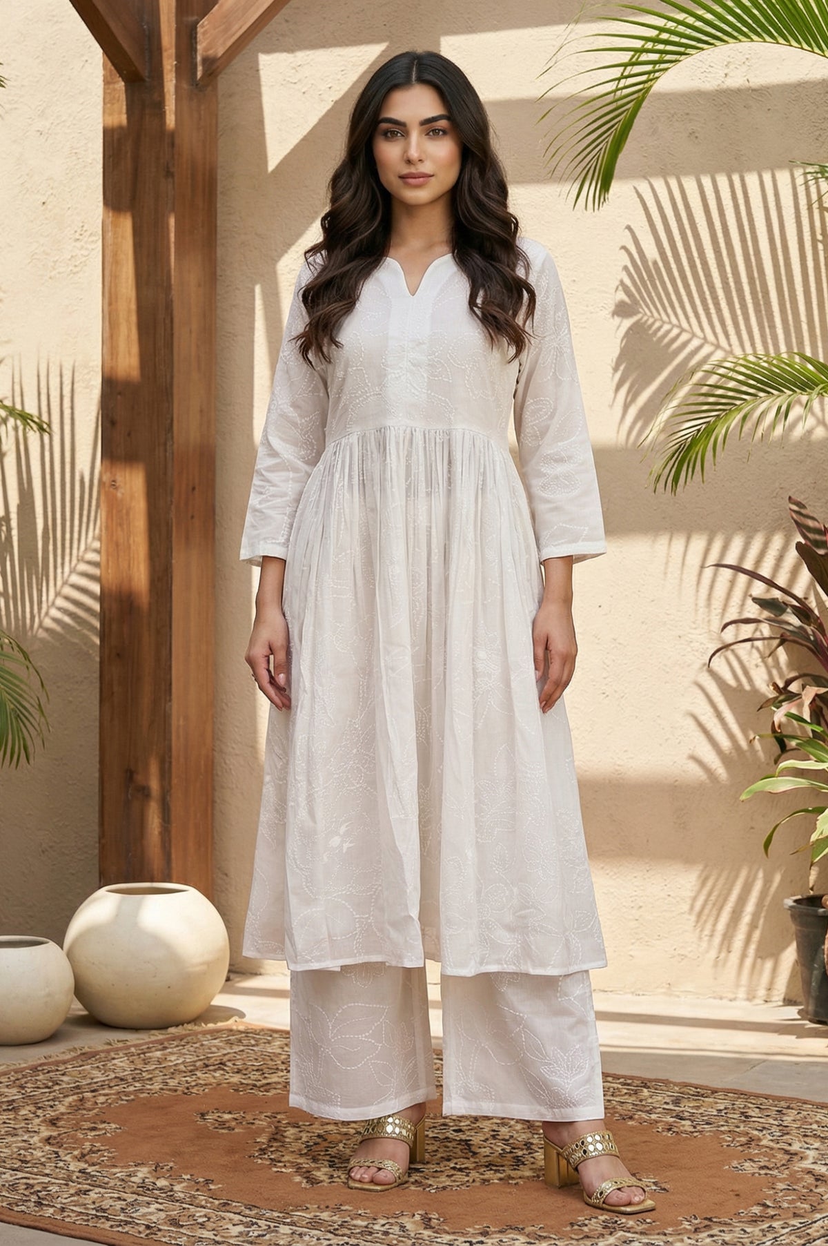 White Chikankari Pure Cotton Flared Kurta with Parallel Pants Set - S