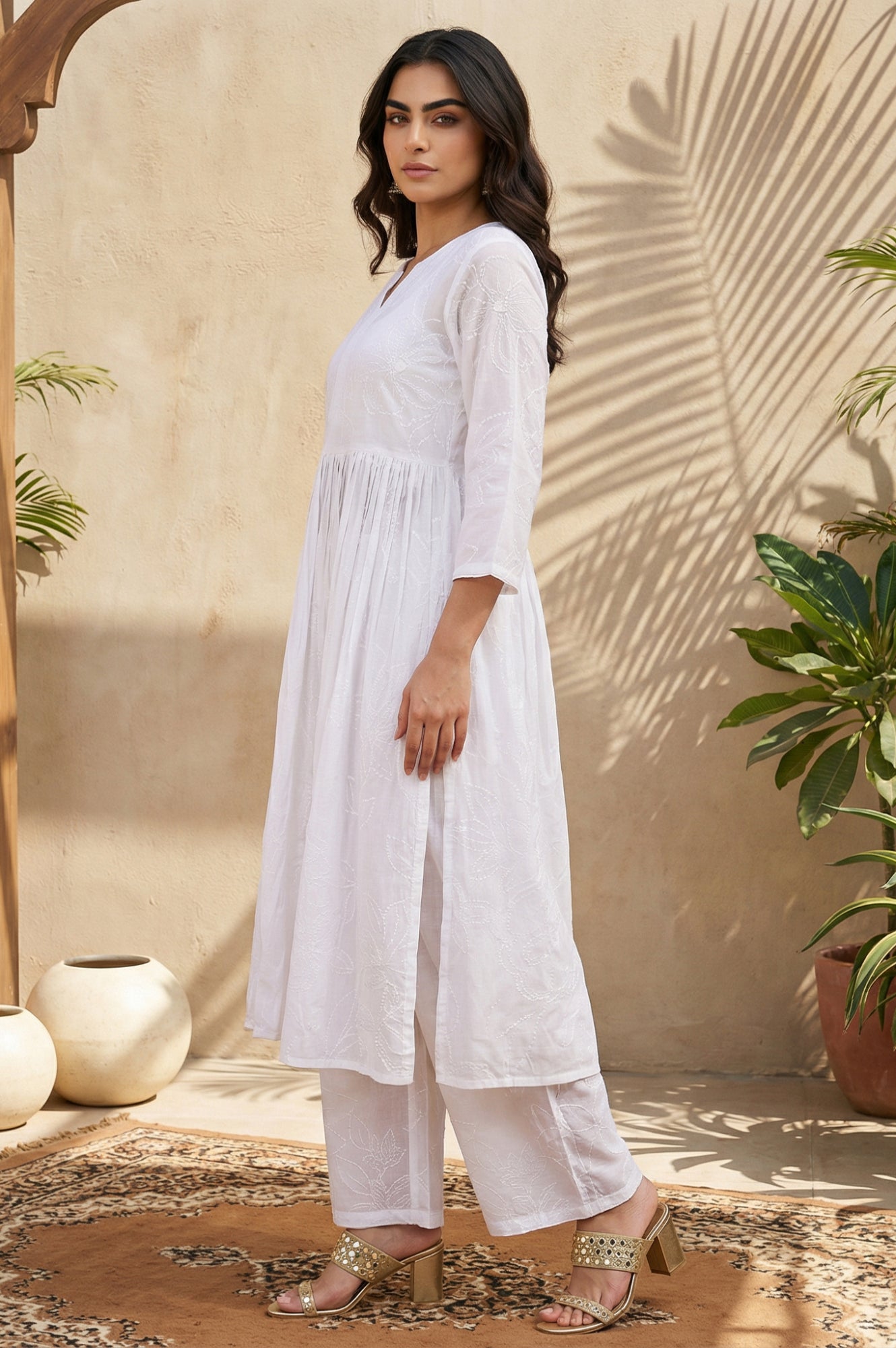 White Chikankari Pure Cotton Flared Kurta with Parallel Pant Set