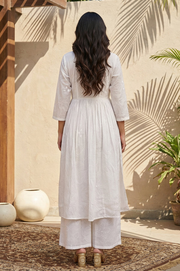 White Chikankari Pure Cotton Flared Kurta with Parallel Pants Set