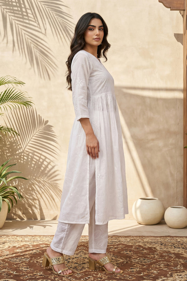 White Chikankari Pure Cotton Flared Kurta with Parallel Pants Set