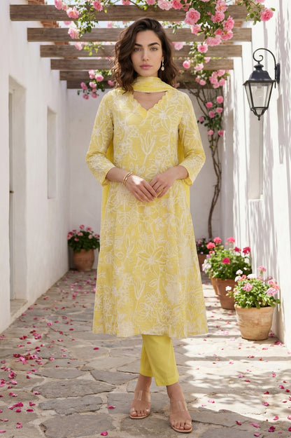 Yellow Floral Printed Chanderi A-line Kurta with Pants and Dupatta Set