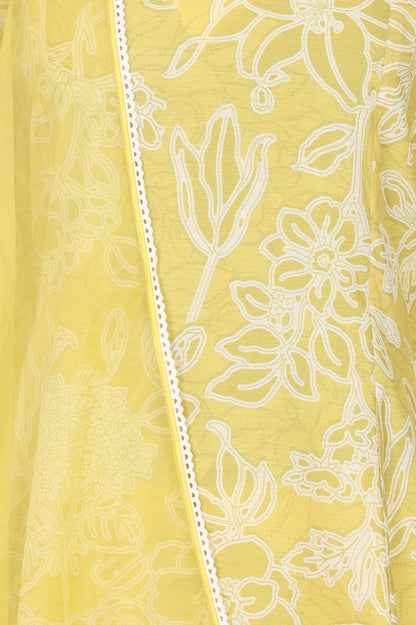 Yellow Floral Printed Chanderi A-line Kurta with Pants and Dupatta Set