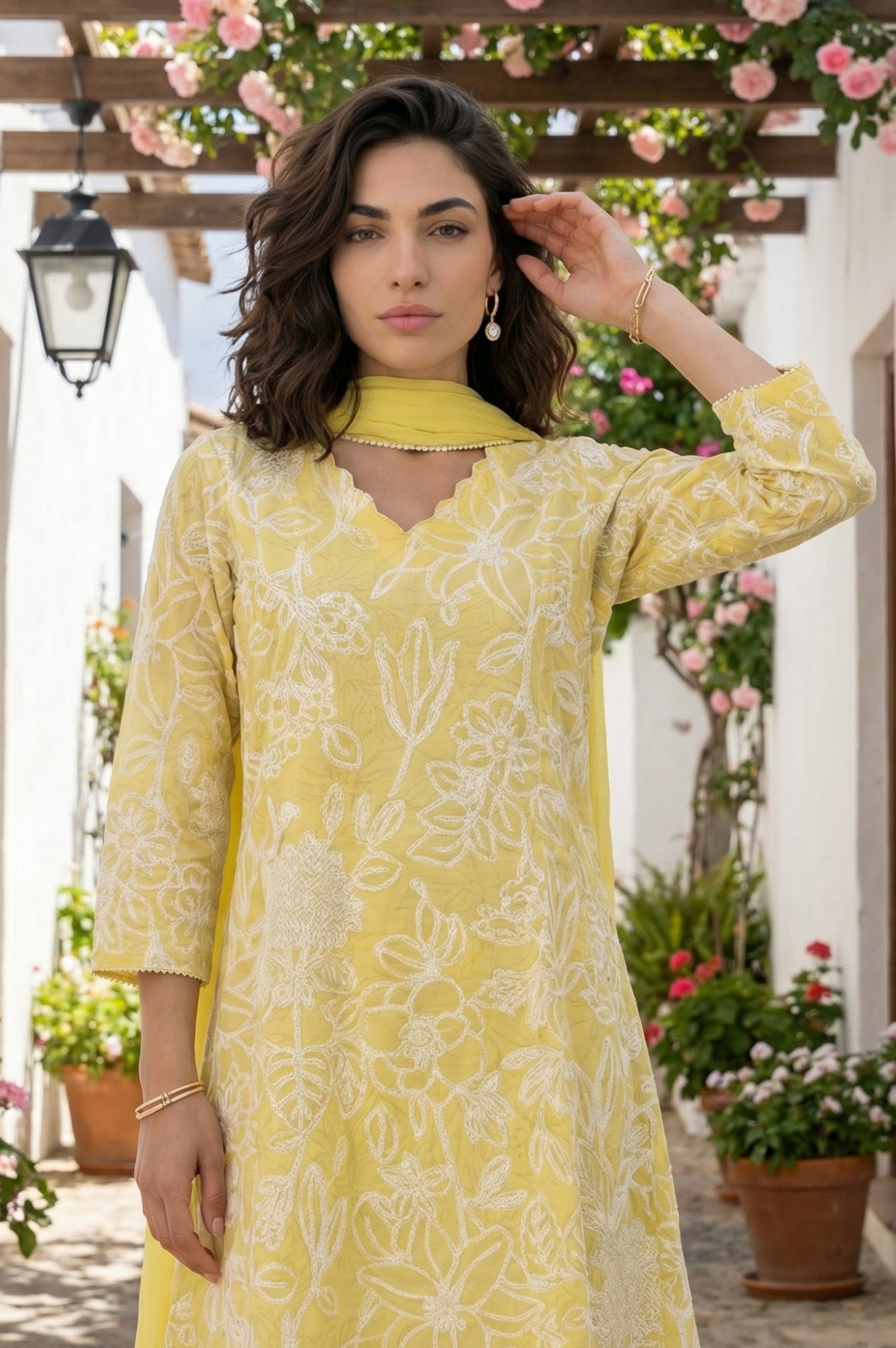 Yellow Floral Printed Chanderi A-line Kurta with Pants and Dupatta Set