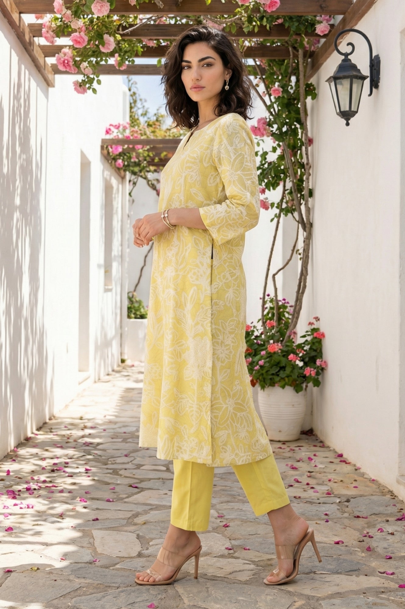 Yellow Floral Printed Chanderi A-line Kurta with Pants and Dupatta Set