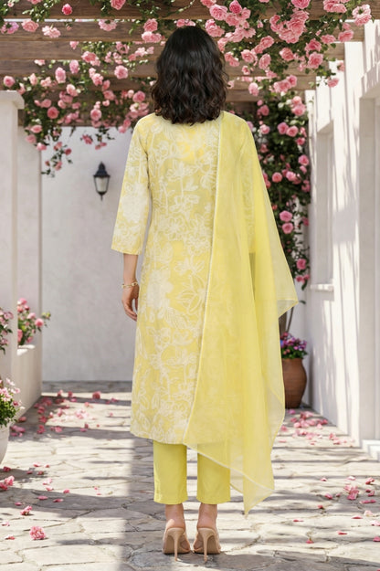 Yellow Floral Printed Chanderi A-line Kurta with Pants and Dupatta Set
