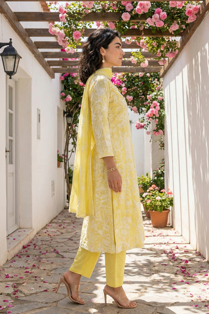 Yellow Floral Printed Chanderi A-line Kurta with Pants and Dupatta Set