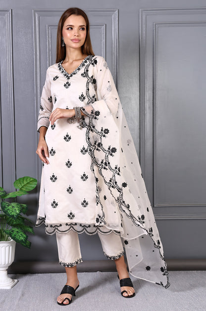 Cream Mirror Embroidered Chanderi Straight Kurta, Pants and Dupatta Set