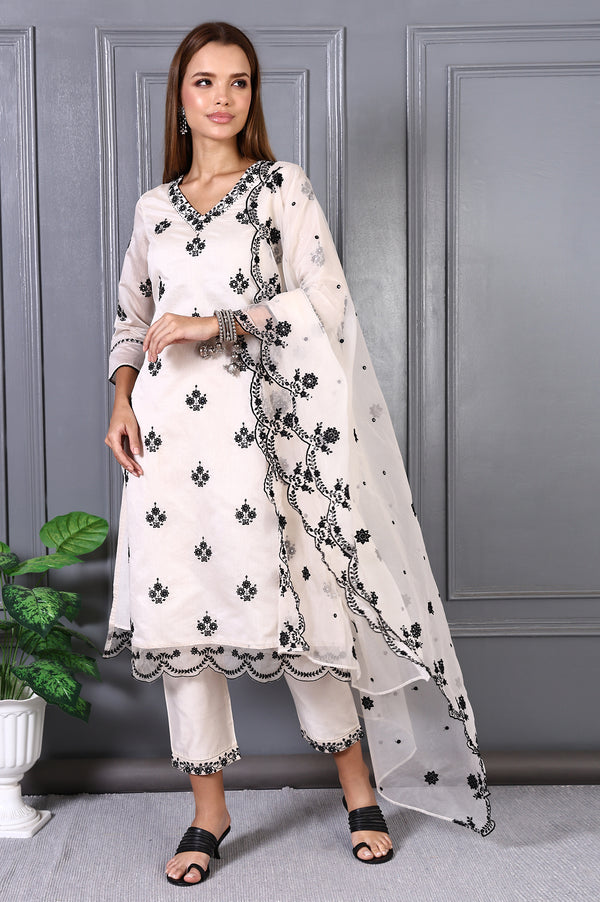 Cream Mirror Embroidered Chanderi Straight Kurta, Pants and Dupatta Set