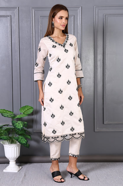 Cream Mirror Embroidered Chanderi Straight Kurta, Pants and Dupatta Set