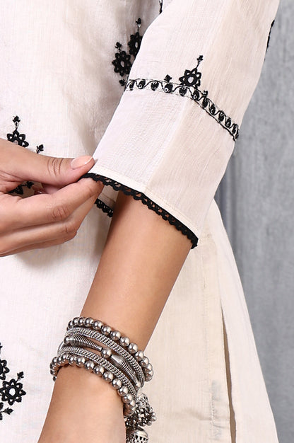 Cream Mirror Embroidered Chanderi Straight Kurta, Pants and Dupatta Set