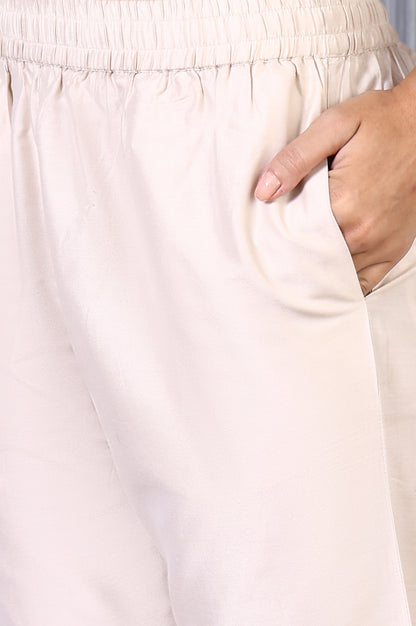 Cream Mirror Embroidered Chanderi Straight Kurta, Pants and Dupatta Set