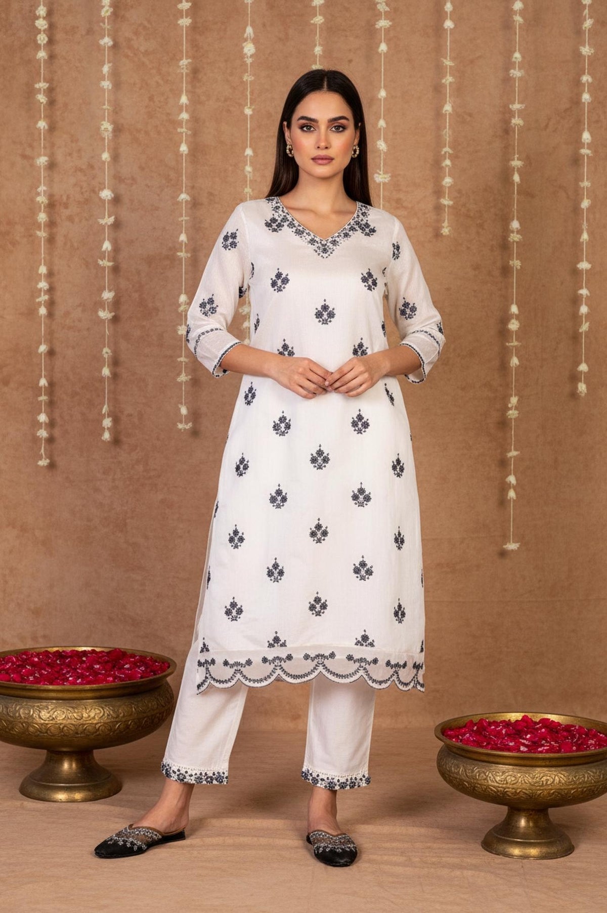 White Mirror Work Embroidered Straight Chanderi Kurta with Pant Set - XXL
