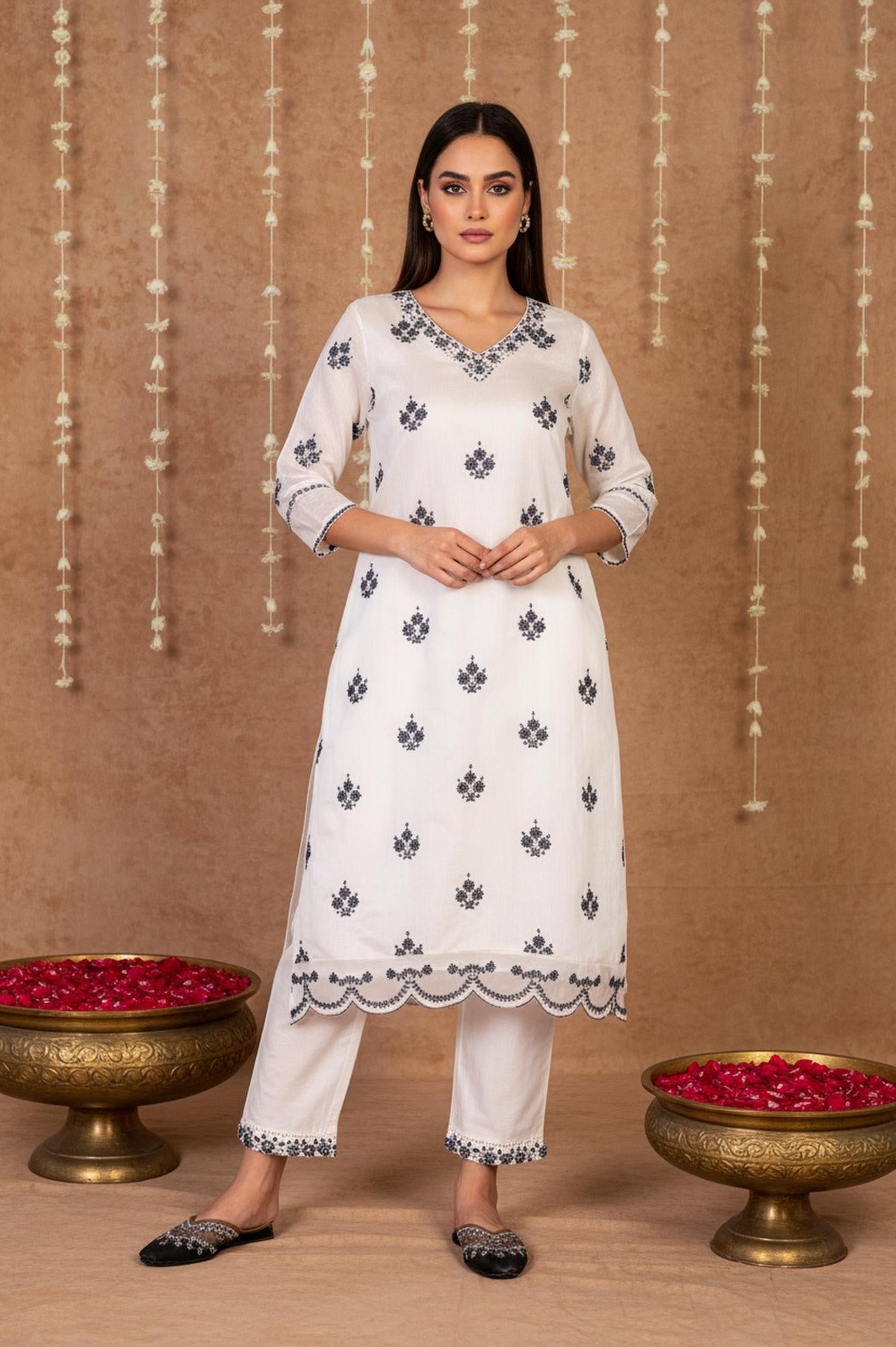 White Mirror Work Embroidered Straight Chanderi Kurta with Pant Set