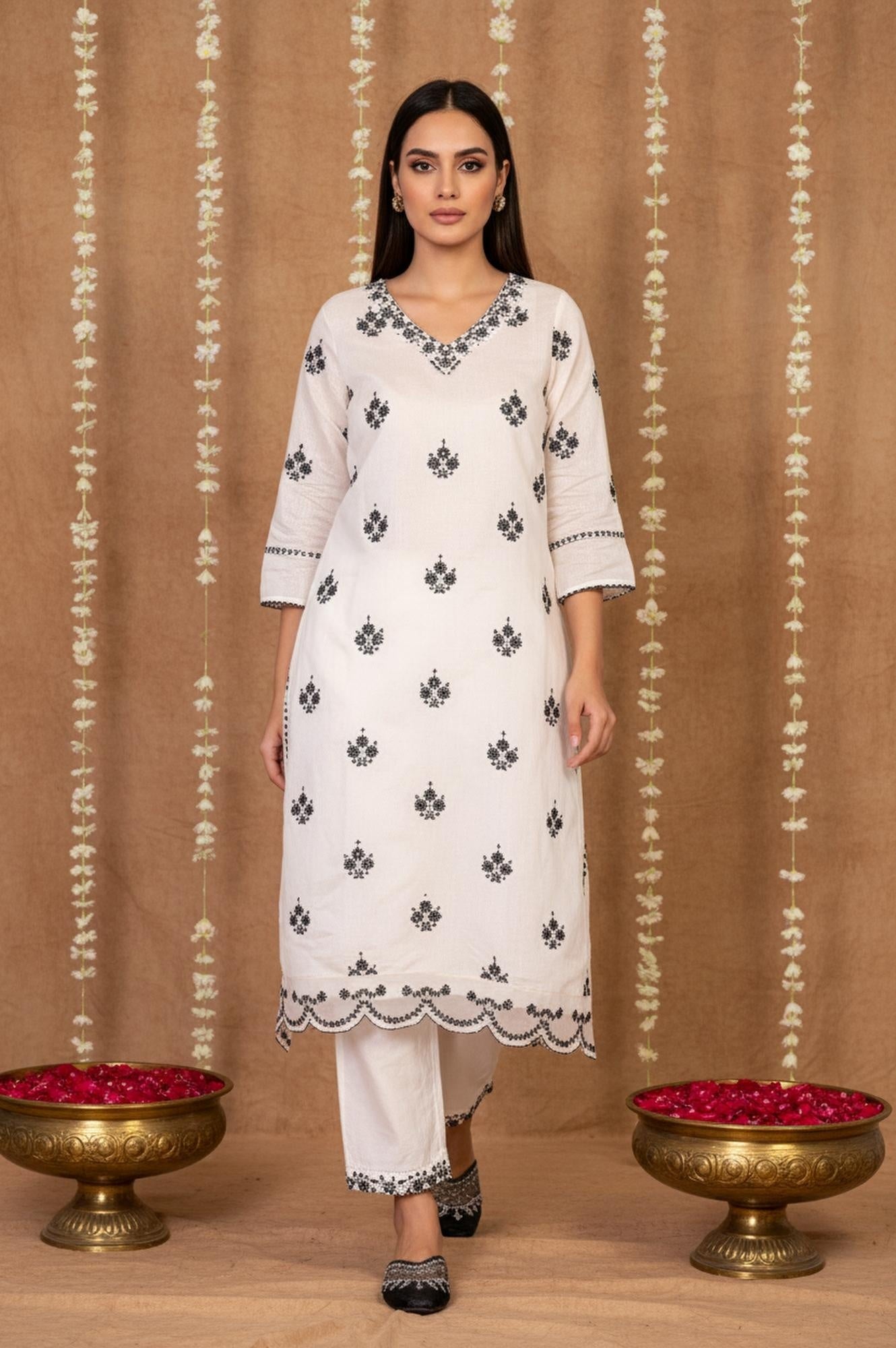 White Mirror Work Embroidered Straight Chanderi Kurta with Pant Set