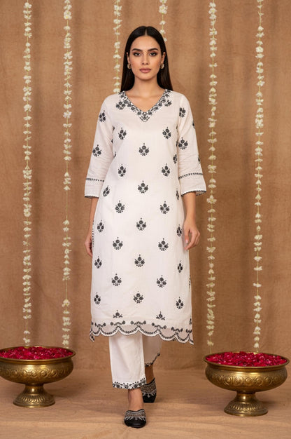 White Mirror Work Embroidered Straight Chanderi Kurta with Pant Set