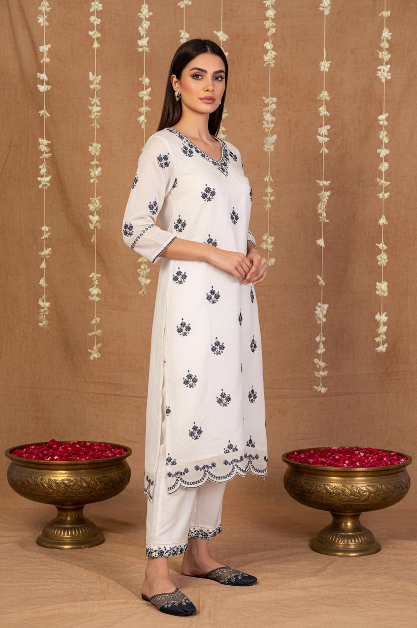 White Mirror Work Embroidered Straight Chanderi Kurta with Pant Set