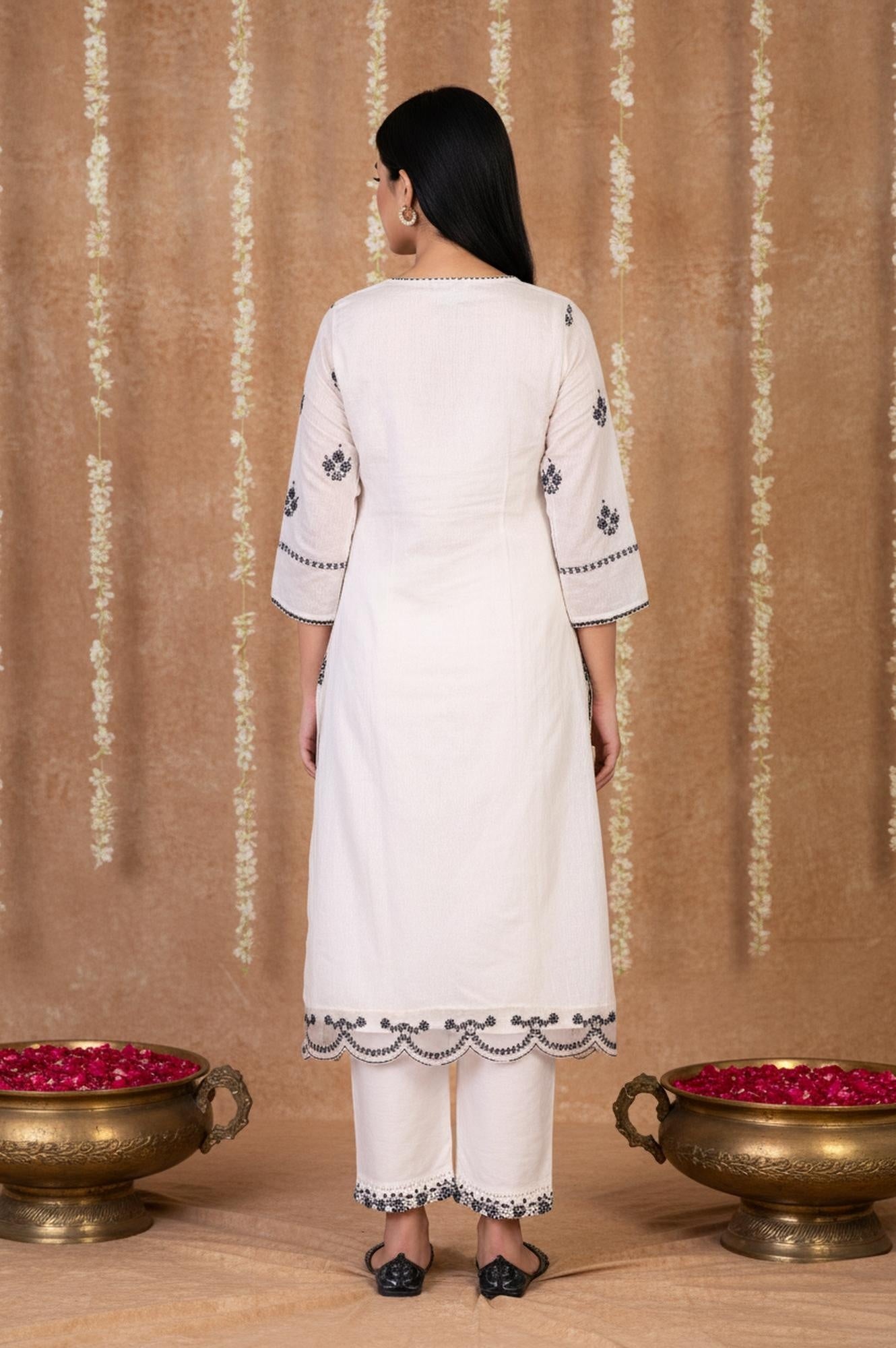 White Mirror Work Embroidered Straight Chanderi Kurta with Pant Set