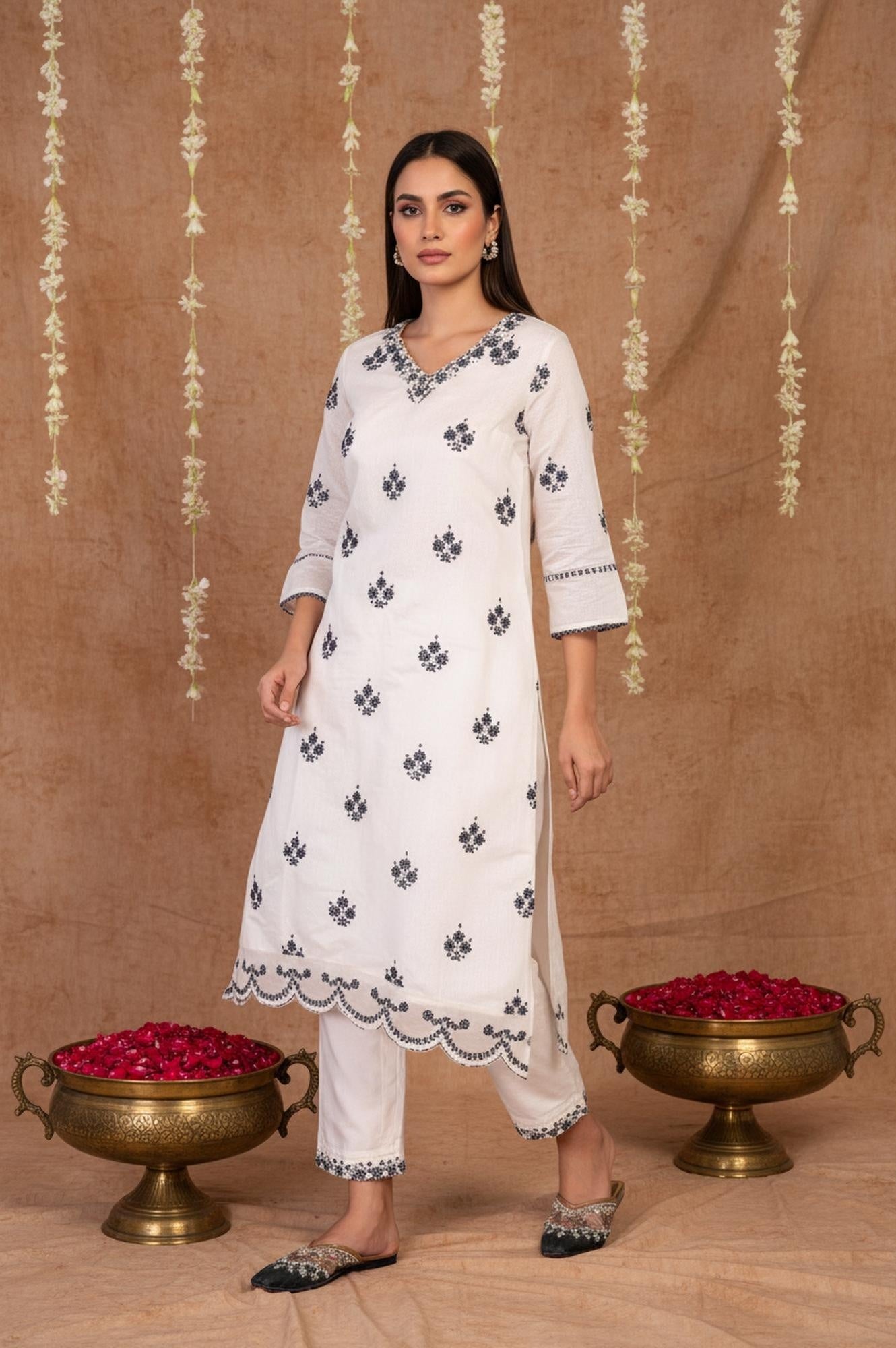 White Mirror Work Embroidered Straight Chanderi Kurta with Pant Set